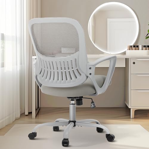 Sweetcrispy Executive Home Office Chair, Mesh Office Chair, Grey | Ergonomic Executive, Adjustable Height, 360° Swivel Wheels, Mid-Back, Comfy Arms, Bedroom, Study, Student - color: Grey, size: 18.5"D&Fixed Arm-Plus