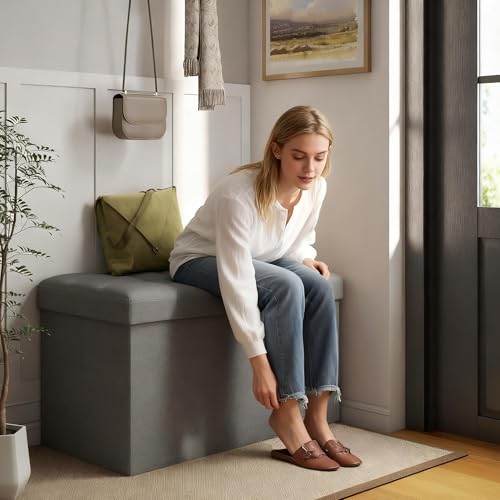 30" Folding Storage Ottoman Bench,Rectangle Foot Rest Stool for Living Room and Bedroom Holds 660 lbs,Synthetic Leather,Light Gray - color: Light Gray-30"