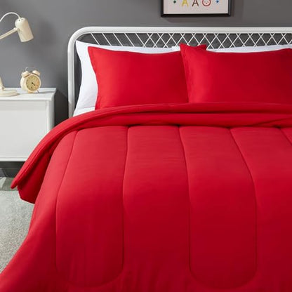 Amazon Basics 3-Piece Soft Microfiber Kids' Comforter and Pillow Sham Set, Full/Queen, Red, Solid - color: Red, size: Full/Queen