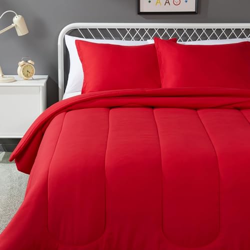 Amazon Basics 3-Piece Soft Microfiber Kids' Comforter and Pillow Sham Set, Full/Queen, Red, Solid - color: Red, size: Full/Queen