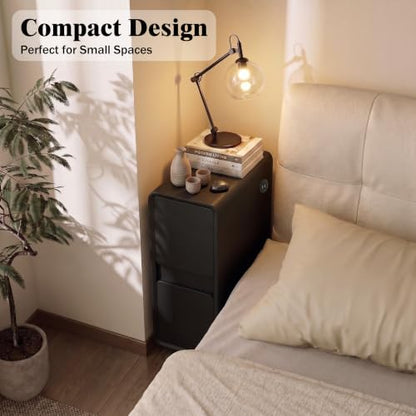 Modern Leather Nightstands of 2, Solid Wood Bedside Table with 2 Drawers & USB Charging Station, Small Preassembled End Table, Narrow Nightstand for Bedroom Living Room Office Black - color: Black, size: 8"