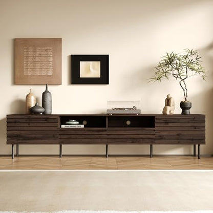 78 inch Modern TV Stand for 85 inch TV, Large Wood Entertainment Center with Slatted Doors and Cable Management, Industrial Media Console with Soft-Closing Hinges for Living Room, Dark Brown Walnut - color: Dark Brown-f