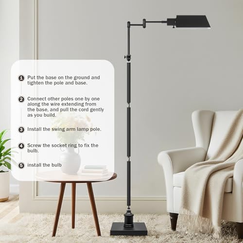 Traditional Height Adjustable Pharmacy Floor Lamp with 350° Swing Arm, Color Temperature Adjustable Standing Lamp Metal Shade for Living Room Reading House Bedroom Home Office(Black) - color: Black