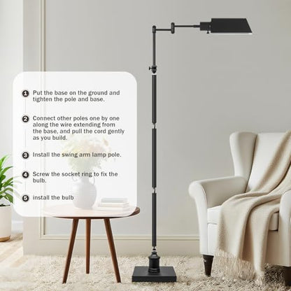 Traditional Height Adjustable Pharmacy Floor Lamp with 350° Swing Arm, Color Temperature Adjustable Standing Lamp Metal Shade for Living Room Reading House Bedroom Home Office(Black) - color: Black