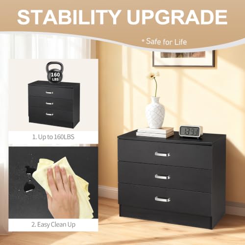 Vasitelan Wooden 3 Drawer Dresser, Modern Storage Chest of Drawers, Wood Bedside Table Night Table for Bedroom,Living Room (Black) - color: Black