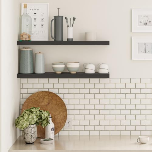 Ballucci Floating Shelves, 36" Wood Wall Shelf Set of 2, with Invisible Brackets for Bathroom, Living Room, Bedroom, Kitchen, Nursery, 6" Deep, Black - color: Black, size: 35.4 inches