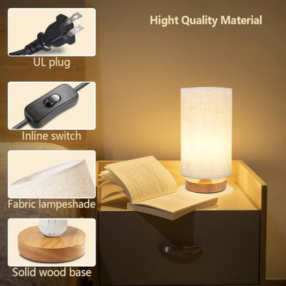 Small Bedside Table Lamp for Bedroom, Minimalist Wood Base & Round Fabric Shade, Mini Cute Cozy Warm White Nightstand Boho Lamp, Study Desk Night Stand Light for Room, Dorm, Nursery, Living Room - size: Round - Set of 1