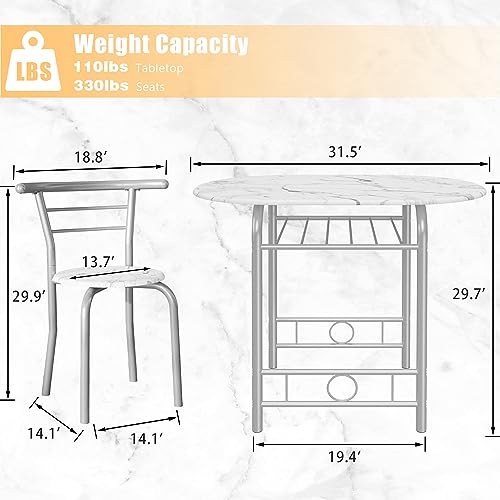 JUMMICO 3-Piece Wooden Round Table & Chair Set | Kitchen Breakfast Nook Wood Grain Tabletop with Metal Frame and Built-in Wine Rack for Kitchen, Dining Room (White/Silver) - color: White/Silver