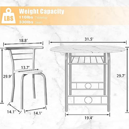 JUMMICO 3-Piece Wooden Round Table & Chair Set | Kitchen Breakfast Nook Wood Grain Tabletop with Metal Frame and Built-in Wine Rack for Kitchen, Dining Room (White/Silver) - color: White/Silver