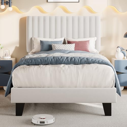 Einhomn Twin Size Bed Frame with Headboard, Upholstered Velvet Platform Bedframe with Solid Wooden Slats, Noise-Free, No Box Spring Needed, Easy Assembly, White - color: White, size: Twin