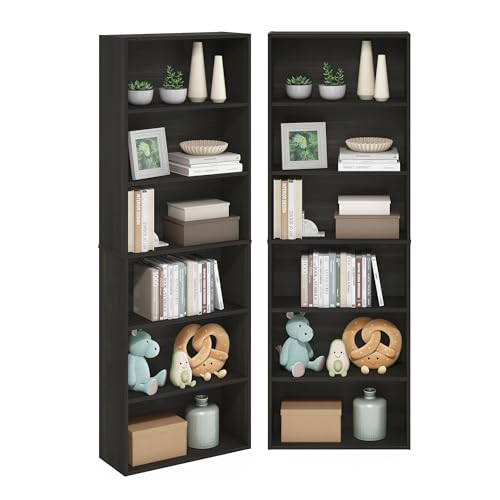 Furinno Jaya Book Shelf Set of 2, 6-Tier Bookshelf, Bookcase, 9.5 x 24.6 x 71, for Home Office, Living Room, Espresso - color: Espresso, size: Set of 2, 6-Tier