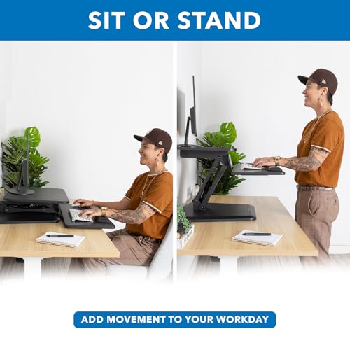 Mount-It! Compact Standing Desk Riser, Height Adjustable Desktop Sit Stand Workstation with Gas Spring, Tabletop Stand Up Desk with Keyboard Tray, Black