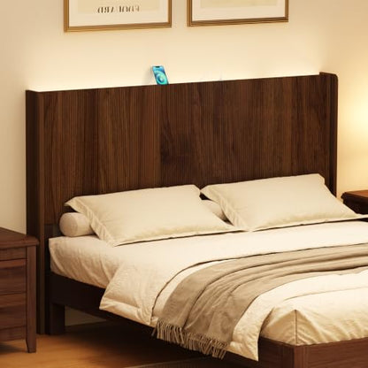 King Size Headboard with Outlets&Lighting, Brown 80" W Headboard Only, Mid Century Modern Freestanding Fluted Headboard Noise-Free with Storage - color: Walnut Brown, size: King