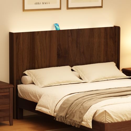 King Size Headboard with Outlets&Lighting, Brown 80" W Headboard Only, Mid Century Modern Freestanding Fluted Headboard Noise-Free with Storage - color: Walnut Brown, size: King