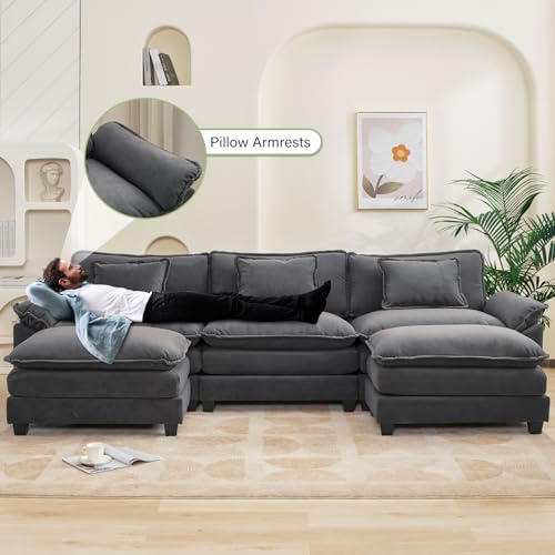120" Modular Sectional Sofa, Comfy Deep Cloud Couch with Ottoman | U-Shaped Couches for Living Room, Modular Couch, Deep and Wide Seat, Velvet Sofa Sleeper with Throw Pillows, Blue Grey - color: Blue Gray, size: 120 Inch U