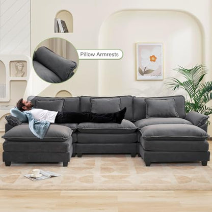 120" Modular Sectional Sofa, Comfy Deep Cloud Couch with Ottoman | U-Shaped Couches for Living Room, Modular Couch, Deep and Wide Seat, Velvet Sofa Sleeper with Throw Pillows, Blue Grey - color: Blue Gray, size: 120 Inch U
