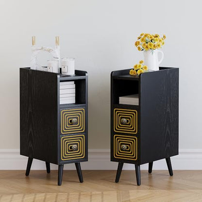 Nightstands Set of 2,Night Stand Bed Side Table with Storage Space,Wooden Bedside Table with Open Shelf,2 Drawers,End Table with Solid Wood Feet for Bedroom,College Dorm,Entryway (Black) - color: Black
