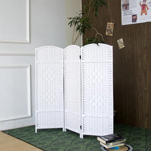 3-Panel Short Room Divider, 3.9 ft Freestanding Partition Wall, Natural White Rattan Double-Sided Folding Screen for Living Room, Bedroom & Corner Privacy - color: White, size: 3 Panel