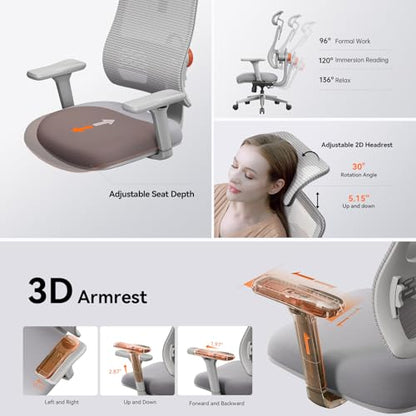 Ergonomic High-Back Office Chair, Home Office Desk Chair with Auto-Following Lumbar Support, Adjustable Headrest, 3D Armrest, Seat Depth & Heigh Adjustable, 96°-126° Recline - color: Grey