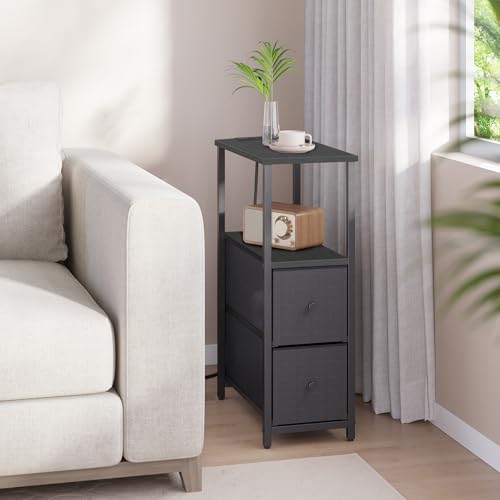 TUTOTAK Narrow End Table with Charging Station, Skinny Side Table | Bedside Table with Outlets, Nightstand with 2 Cloth Drawers, Couch Table for Living Room, Bedroom, Black TB01BK055 - color: Black, style: 2 Drawers & Plug