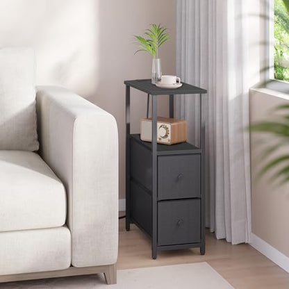 TUTOTAK Narrow End Table with Charging Station, Skinny Side Table | Bedside Table with Outlets, Nightstand with 2 Cloth Drawers, Couch Table for Living Room, Bedroom, Black TB01BK055 - color: Black, style: 2 Drawers & Plug