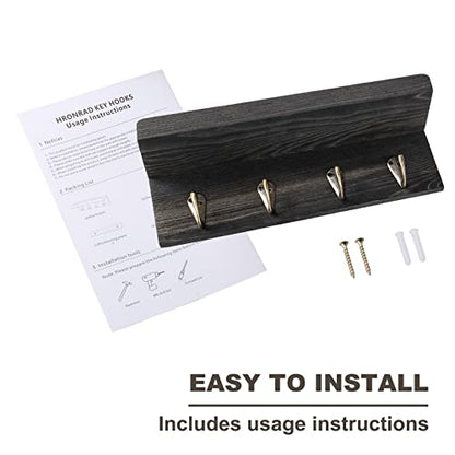 HRONRAD Rustic Key Holder for Wall, Farmhouse Wall Shelf with 4 Hooks, Wall Mounted Key Racks, Wooden Mail Organizer with Hooks for Entryway (Black - Pine) - color: Black - Pine