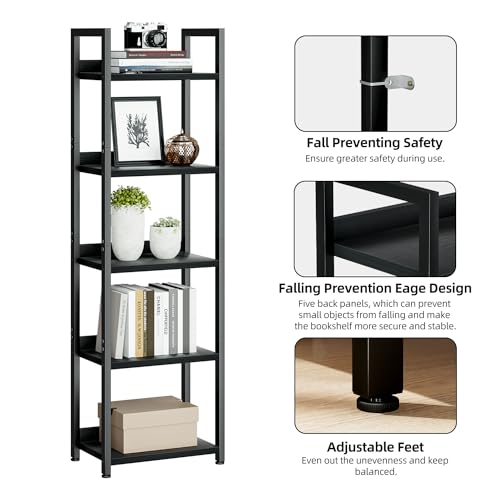 NUMENN Narrow Bookshelf, 5 Tier Bookshelves, Home Office Bookcase Shelf Storage Organizer, Free Standing Storage Shelving Unit for Bedroom, Living Room and Home Office, Black | Metal Frame & Wood Shelves, Falling Prevention Baffle, Open Storage Bookcase f