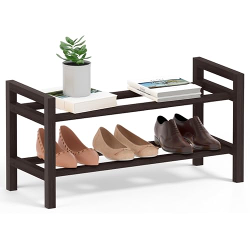 Bamboo Shoe Rack Free Standing Shoe Organizer Brown, 2-Tier(Small) | with Smooth Round Rods & Convenient Handles, Stackable Shoe Storage Shelf for Entryway, Hallway - color: Brown, size: 2-Tier(Small)
