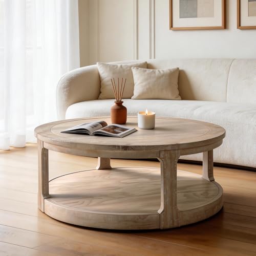 40" Round Coffee Table with Wheels, Circle 2 Tier Solid Wood Center Coffee Table, Mid Century Retro Farmhouse Rounded End Table for Living Room Apartment, ø40 x 17.52" H (Oak) - color: D-40" Oak
