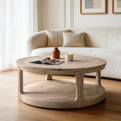 40" Round Coffee Table with Wheels, Circle 2 Tier Solid Wood Center Coffee Table, Mid Century Retro Farmhouse Rounded End Table for Living Room Apartment, ø40 x 17.52" H (Oak) - color: D-40" Oak