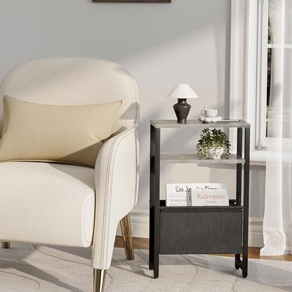 Narrow Side Table, Slim End Table with Magazine Rack, Skinny Bedside Table for Small Spaces, 3 Tier Sofa Couch Table Nightstand for Living Room, Bedroom,Oak Grey LET503Q - color: Oak Grey, style: No Charging Station