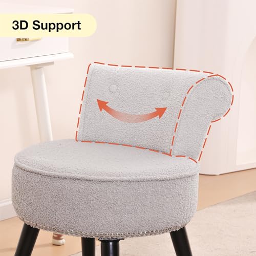 Vanity Chair with Back, Sherpa Stool with Tufted Backrest & Silver Nailhead Trim, Round Vanity Seat for Bedroom and Bathroom Makeup, Support 220lbs, Easy Assembly (Teddy Gray) - color: Sherpa Gray