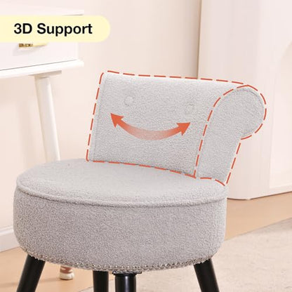 Vanity Chair with Back, Sherpa Stool with Tufted Backrest & Silver Nailhead Trim, Round Vanity Seat for Bedroom and Bathroom Makeup, Support 220lbs, Easy Assembly (Teddy Gray) - color: Sherpa Gray