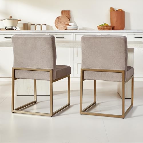 GrandNoor Modern Grey Linen Fabric Dining Chairs Set of 2, Soft Thick Upholstered Kitchen Chairs with Gold Sturdy Metal Legs,Adjustable Foot Pads Dining Room Chairs - color: Grey Linen, size: 2PCS Dining Chairs