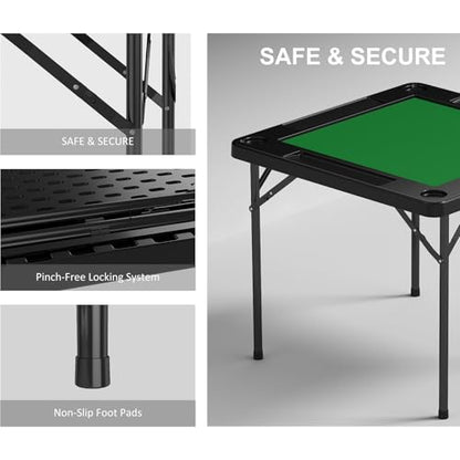 Folding Card Table, 35.4" Square Mahjong Table with Green Felt, Chip Trays and Cup Holders, Portable Domino Tables for 4 Players, Card Game Tables for Mahjong Poker Domino Game, Black - color: Black