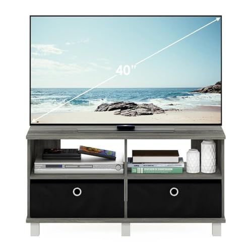 Furinno Andrey Entertainment Center with Bin Drawers, French Oak Grey/Black | Open Shelf TV Console for TV up to 46 Inch with Bin Drawers, for Living Room, Bedroom