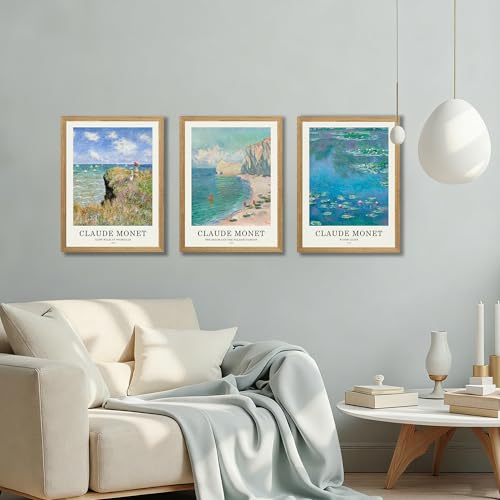 JLTULT Claude Monet Wall Art Set of 3, Solid Wood Frames, 12 x 16 in Each | Monet impressionist prints on fade-resistant canvas with ready-to-hang solid wood frames for living rooms and bedrooms - color: Monet, size: 16"L x 12"W