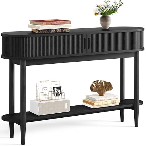 LINSY Fluted Console Table with Storage and Shelves, Black | Entryway Table, Wood Entrance, Behind Couch Sofa Table, Foyer Tables for Hallways, Living Room Boho Furniture, Narrow Long - color: Black