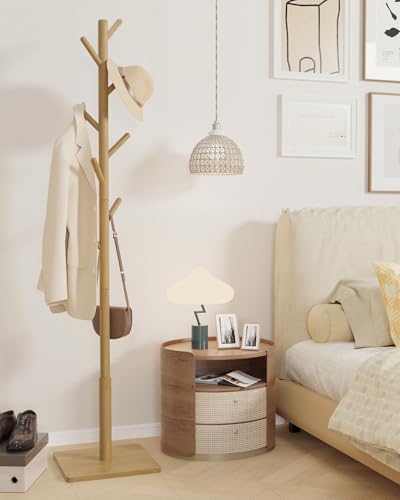 Yawinhe Wooden Coat Rack Freestanding,Hall Tree with 8 Hooks,Natural | 3 Adjustable Heights Coat Standing Tree; Sturdy Clothes Stand with Square Base; Coat Tree for Entryway, Hallway - color: Natural
