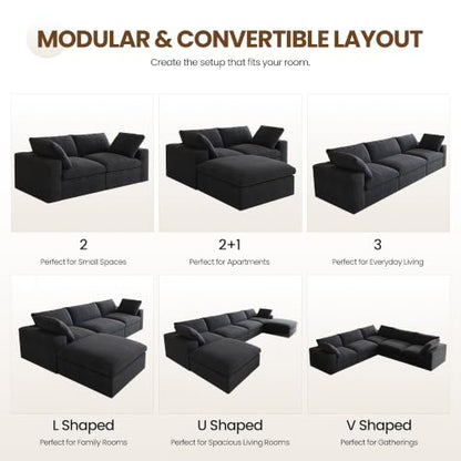 79" Cloud Modular Sofa, Convertible Modular Loveseat Couch, Cotton Linen Fabric Sofa for Living Room, Apartment and Bedroom, Removable Covers, 2 Pillows, Black - color: Black, size: 2-Seater