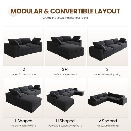 118" Cloud Modular Sofa, Convertible Modular 3 Seater Couch, Cotton Linen Fabric Sofa for Living Room, Apartment and Bedroom, Removable Covers, 2 Pillows, Black - color: Black, size: 3-Seater