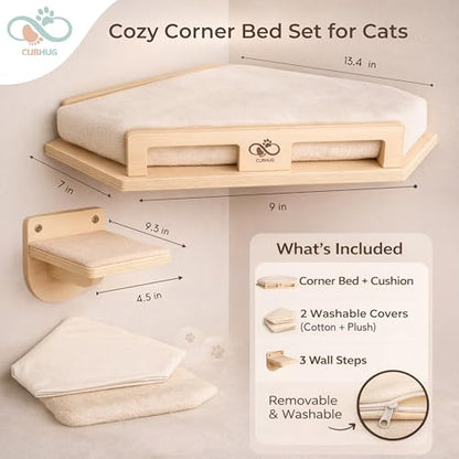 Cat Wall Shelves, Solid Wood Corner Bed, 3 Steps, Up to 25 lb, Wood | Cushion included; 2 washable covers, cotton and plush; secures across two walls - color: Natural Wood