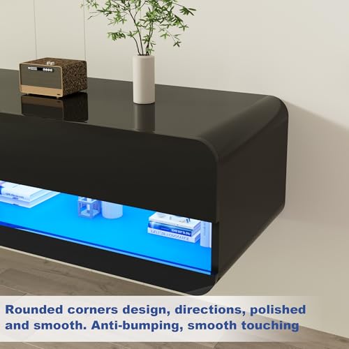St.Mandyu Floating LED TV Stand for TVs Up to 100 inch, 94.5 inch Modern Entertainment Center with Led Lights & Power Outlet, Wall Mounted Hanging Media Console for Living Room, Black - color: Black