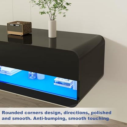 St.Mandyu Floating LED TV Stand for TVs Up to 100 inch, 94.5 inch Modern Entertainment Center with Led Lights & Power Outlet, Wall Mounted Hanging Media Console for Living Room, Black - color: Black
