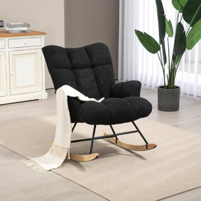 Rocking Chair Nursery Teddy Upholstered Glider Rocker Rocking Accent Chair Padded Seat with High Backrest Armchair Comfy Side Chair for Living Room Bedroom Offices (Black Teddy) - color: Black