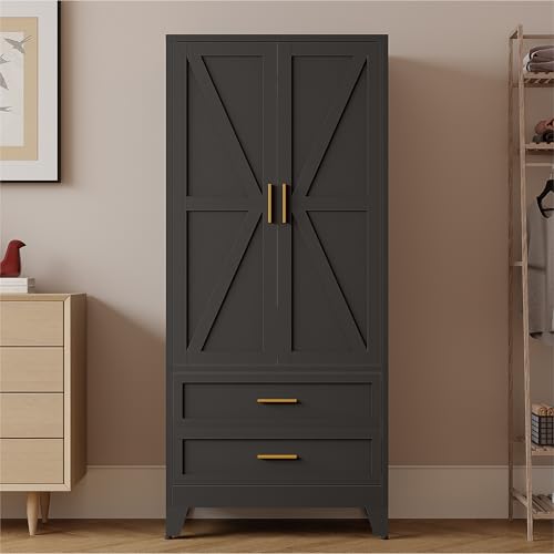71" Tall Metal Armoire Wardrobe Closet,17.7" Deep By 31.5" Wide Portable Closet for Hanging Clothes,Wardrobe Cabinet with Drawers and Shelves for Bedroom Office Garage,Black 1 Pack - color: Black, size: 17.7"D x 31.5"W x 71"H-3