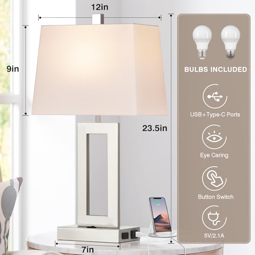 Silver Bedside Table Lamp Set of 2,Nightstand Lamps with USB Ports | Lamps with USB C+A Ports,AC Outlet,23.5 In Modern Metal Lamp for Bedroom Living Room End table,ON/OFF Push Button,NO dimming - color: Silver-Base