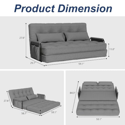 Futon Sofa Bed,Convertible Sofa Bed,Folding Boneless Couches | 3-in-1 Folding Sofa Bed,Boneless Couches for Living Room with Pillow & Side Pocket,High-density Foam,Double Sleeper,Grey - color: Dark Grey, size: Full