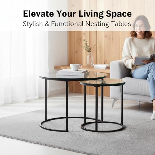 Round Nesting Coffee Table Set of 2, Glass Stacking Minimalist End Table | Modern Marble Pattern Wooden Nesting Tables for Living Room Bedroom Small Space, Clear Tempered Glass and Black Leg - color: Glass & Black