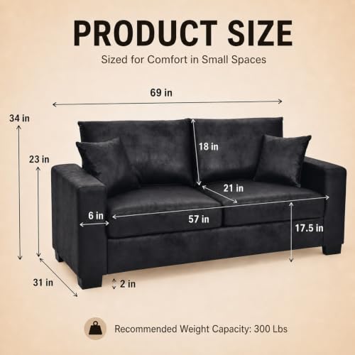 69'' Loveseat Sofa,Modern Fabric 2-Seater Sofa with 2 Pillows(Black) | Small Couches for Living Room, Office,Apartment, Small Spaces,21 in Deep Seat - color: Black